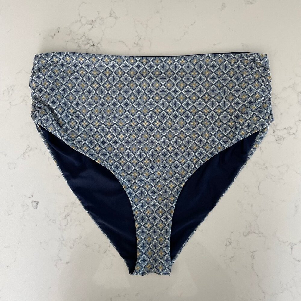 Print Hi Waist Bikini Bottoms Gathered Sides Grey Blue Yellow Sz S/M no tags